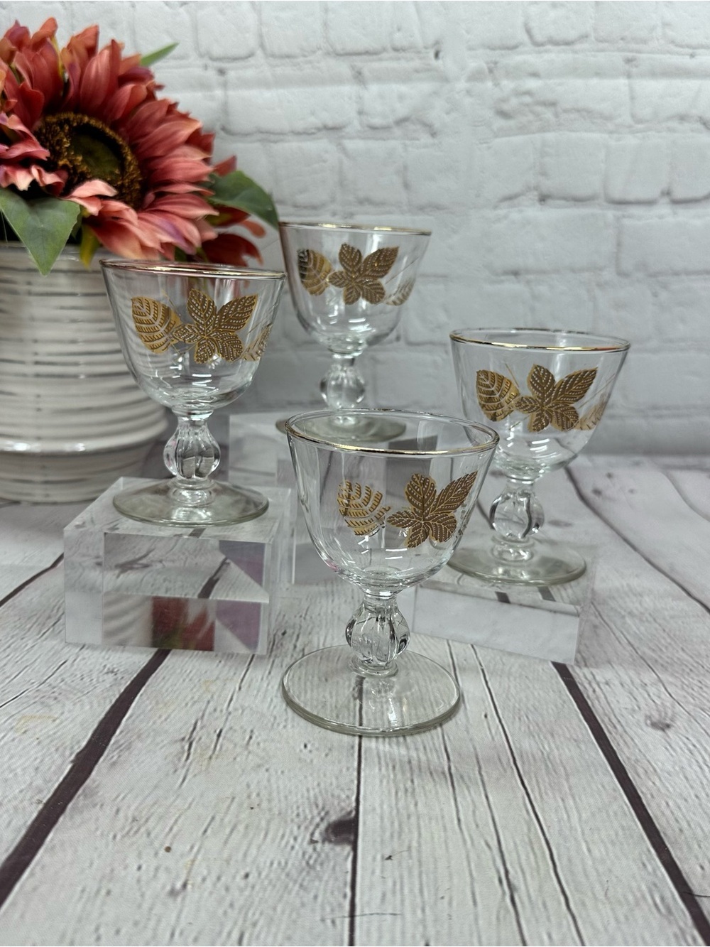 vtg MCM libbey Gold foil autumn foliage Leaf Stemmed cordial wine Glass 4pc
